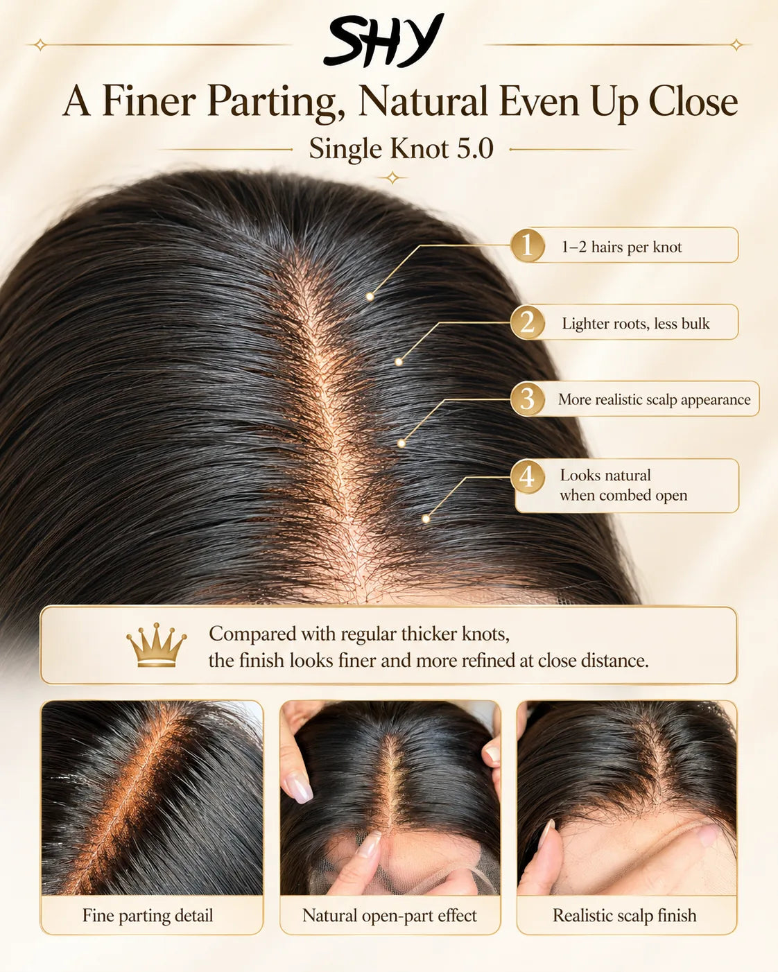 Close-up fine parting detail on hand-tied medical wig