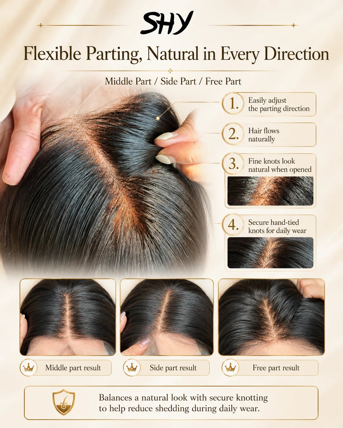 Flexible middle side and free parting options for hand-tied medical wig