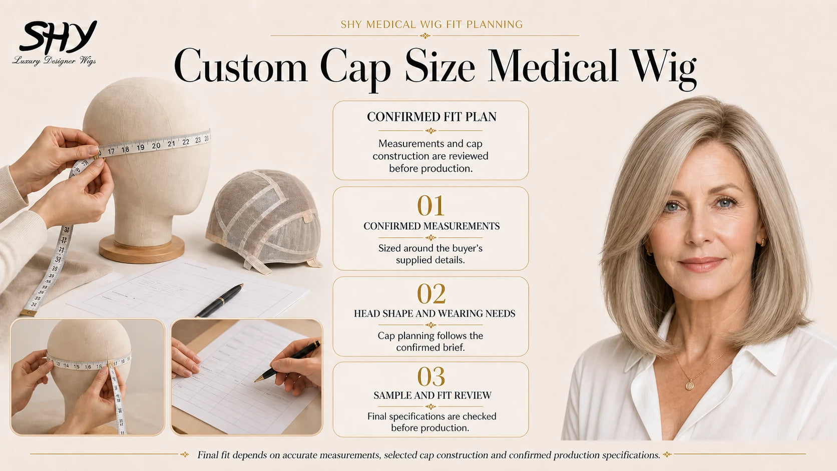 SHY custom cap size medical wig planning showing head measurements, a translucent full hand-tied medical wig cap, sample review steps and a mature white woman wearing a cool ash-blonde medical wig