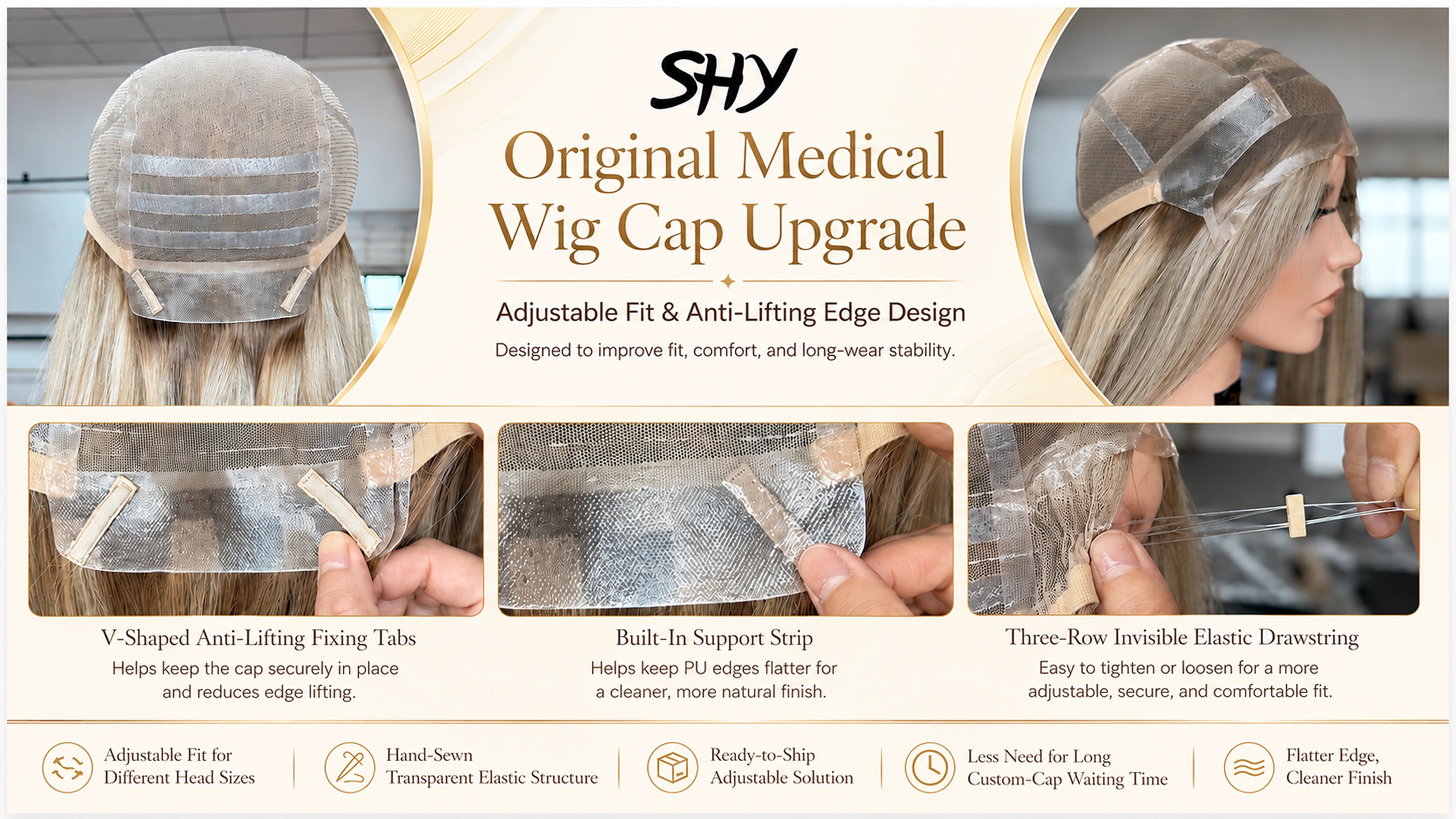 Original medical wig cap upgrade with adjustable fit, anti-lifting tabs, support strip and invisible elastic drawstring