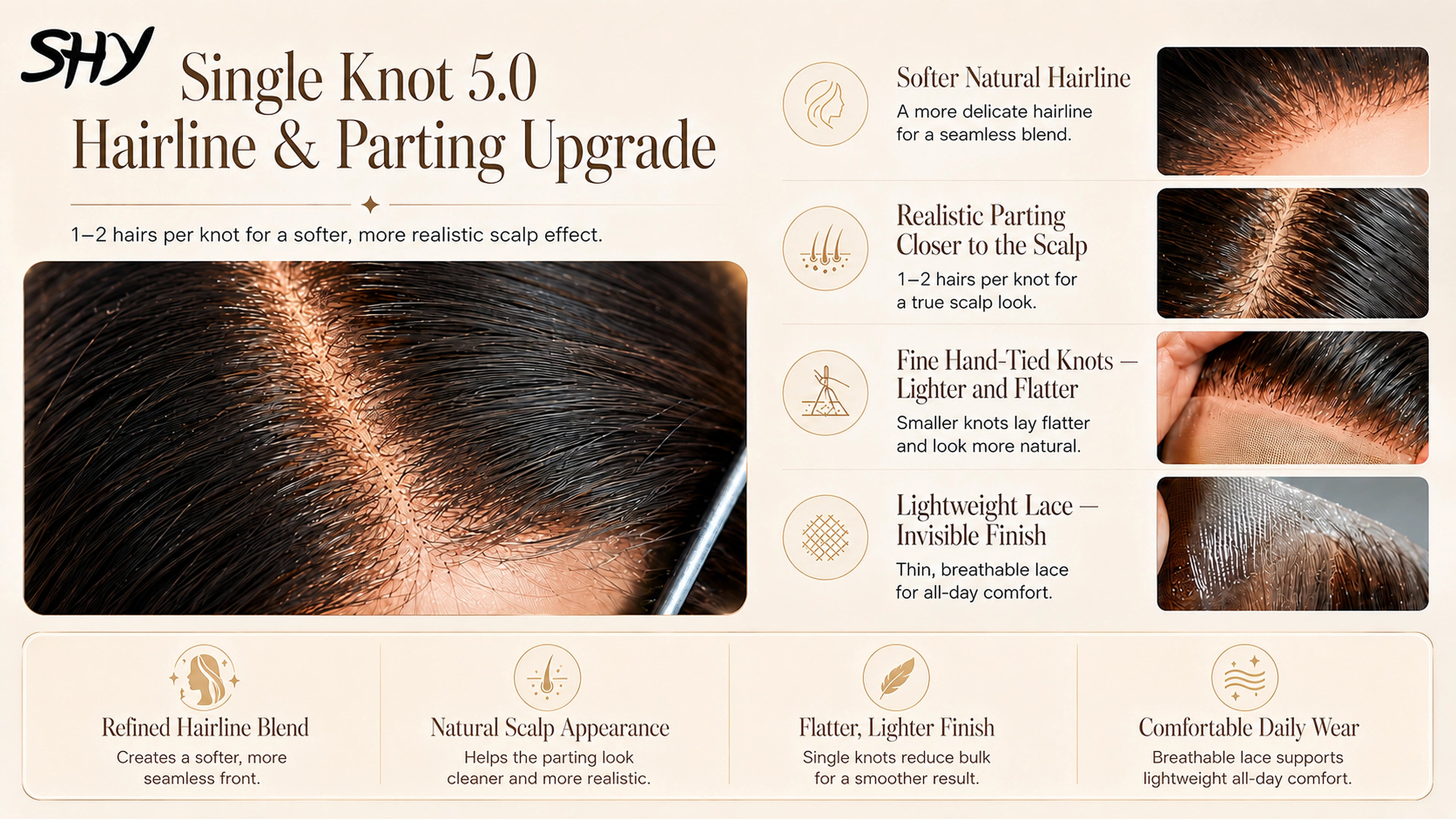 Single Knot 5.0 hairline and parting upgrade with one to two hairs per knot and lightweight lace