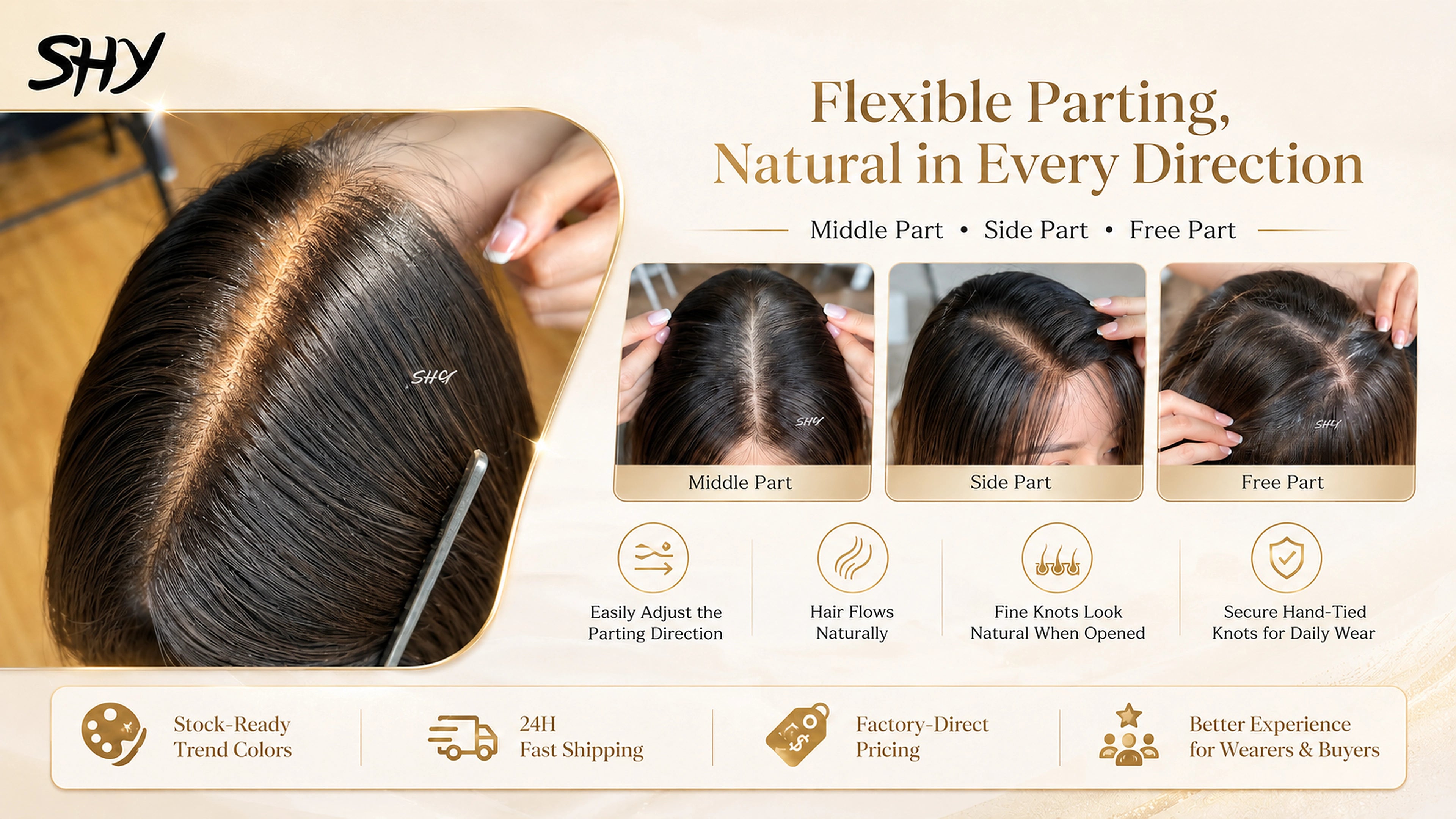 Flexible parting on a full hand-tied medical wig with middle side and free part options