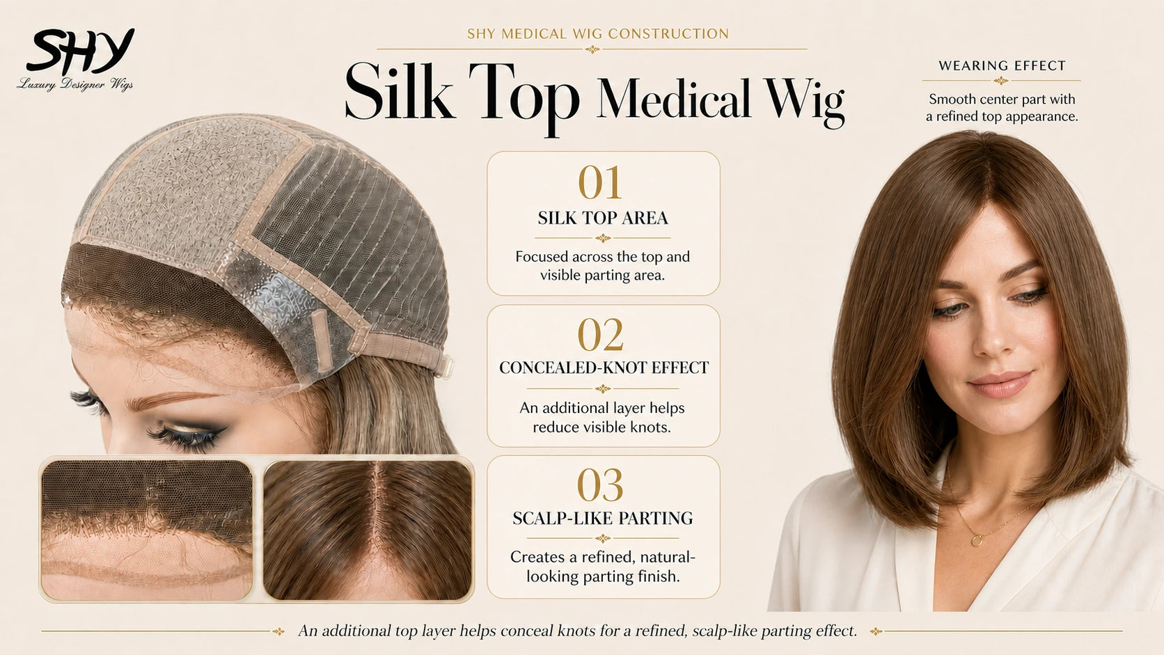 SHY silk top medical wig construction showing the silk top area, concealed-knot effect, scalp-like parting and a smooth brown bob wearing effect