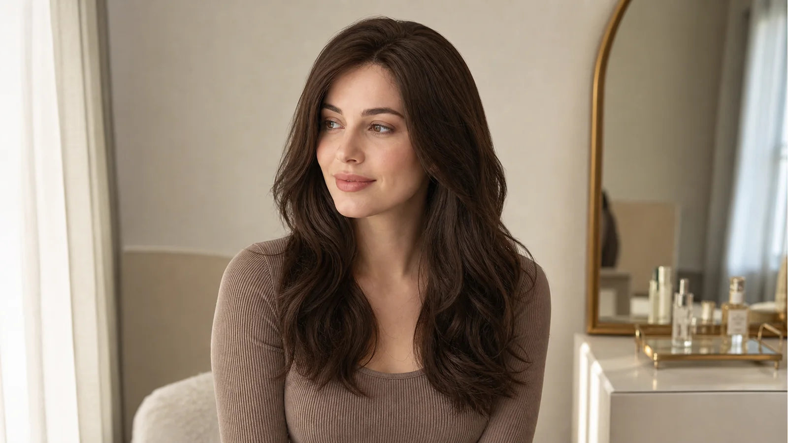 White woman wearing a natural brunette human hair wig in a soft European style