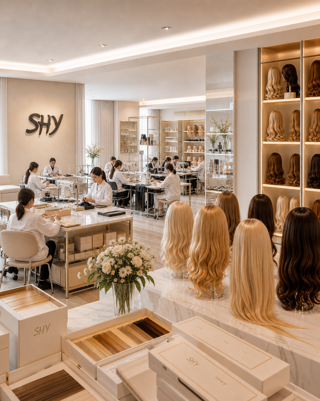 SHY Hair medical wig showroom and production studio with human hair medical wig samples