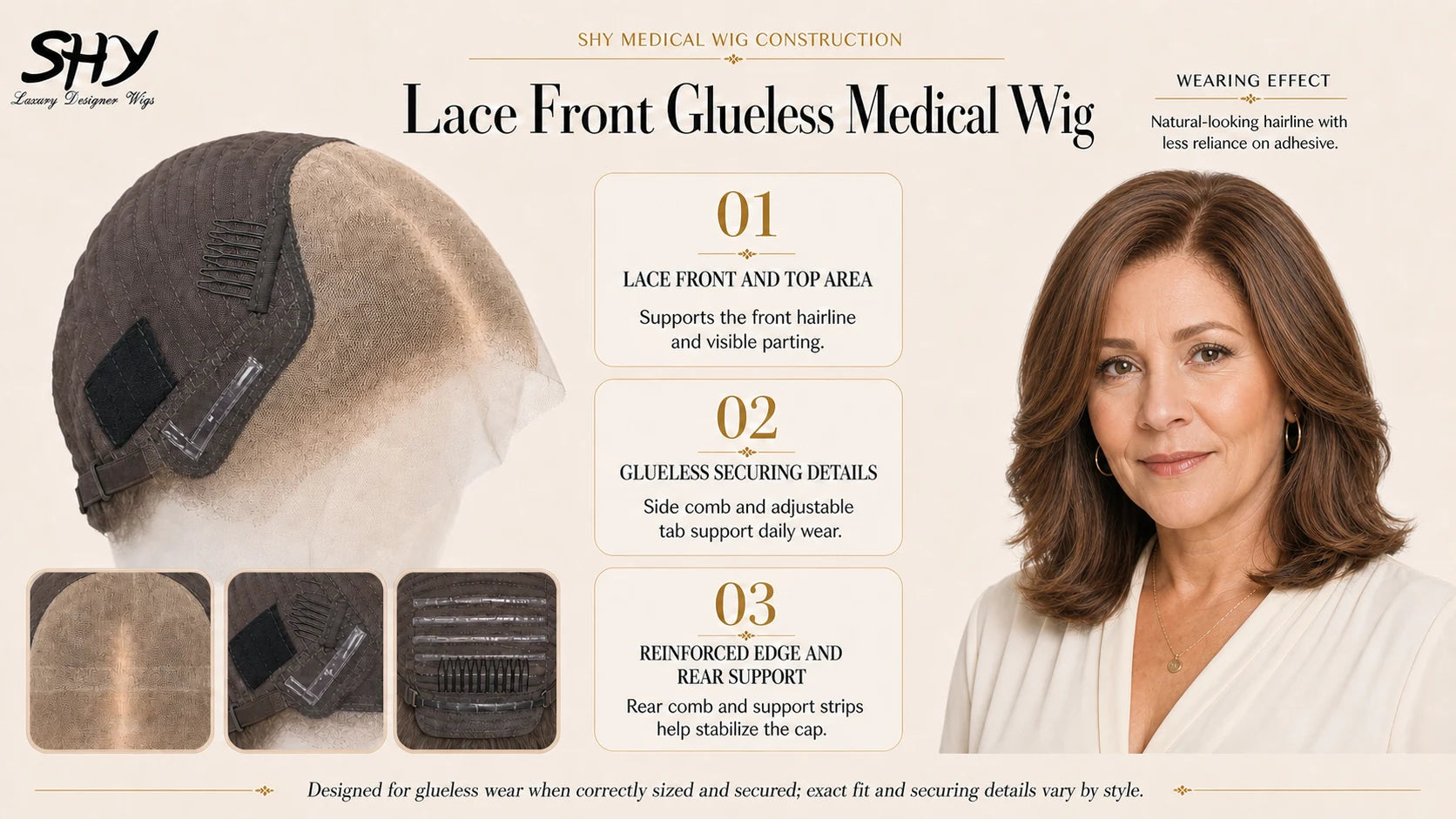 SHY lace front glueless medical wig construction showing the front and top lace area, side and rear combs, adjustable tab, reinforced support and a mature white woman wearing a chestnut-brown wig