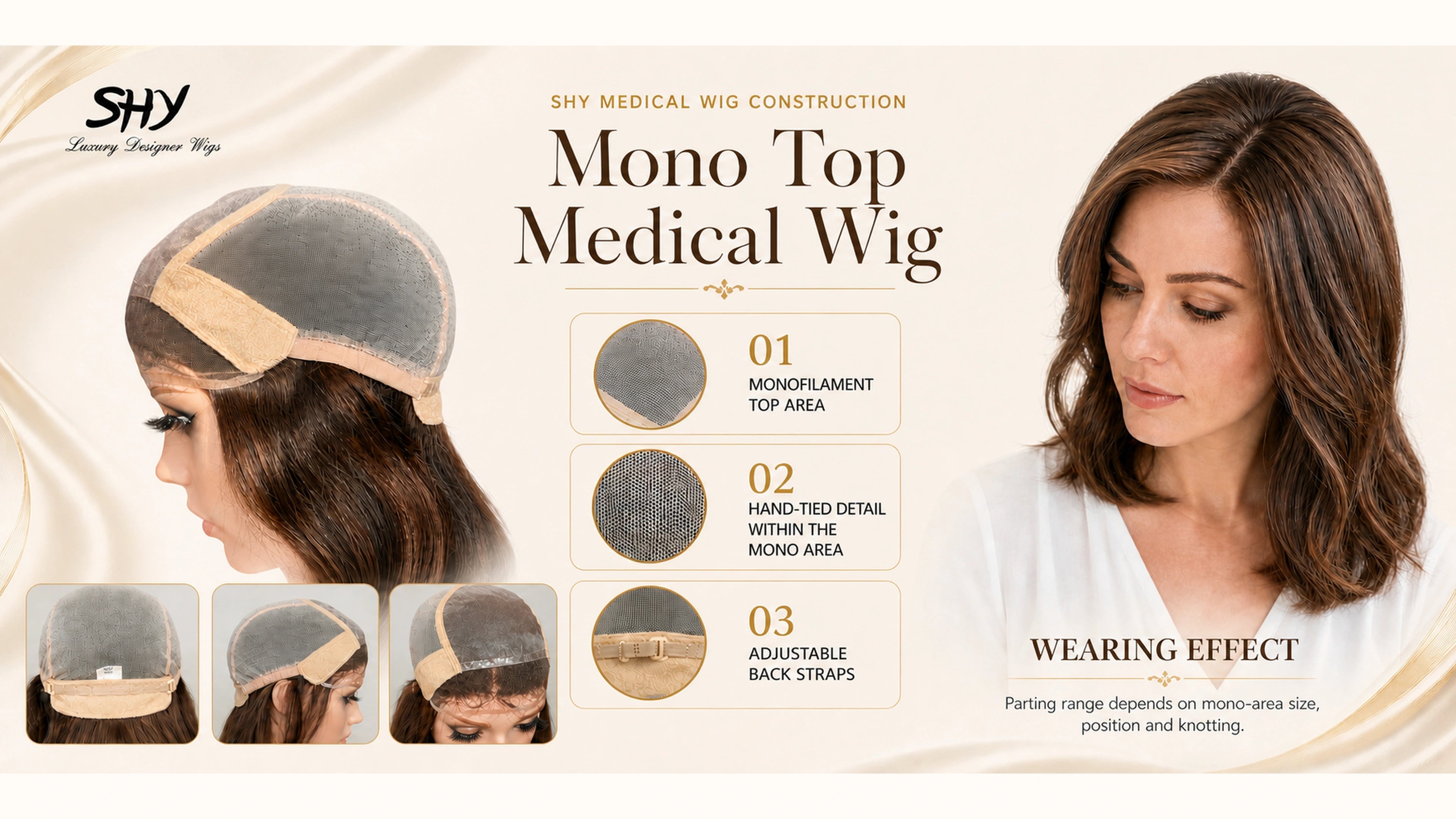 SHY mono top medical wig construction showing the monofilament top area, hand-tied detail, adjustable back straps and a medium-brown wearing effect