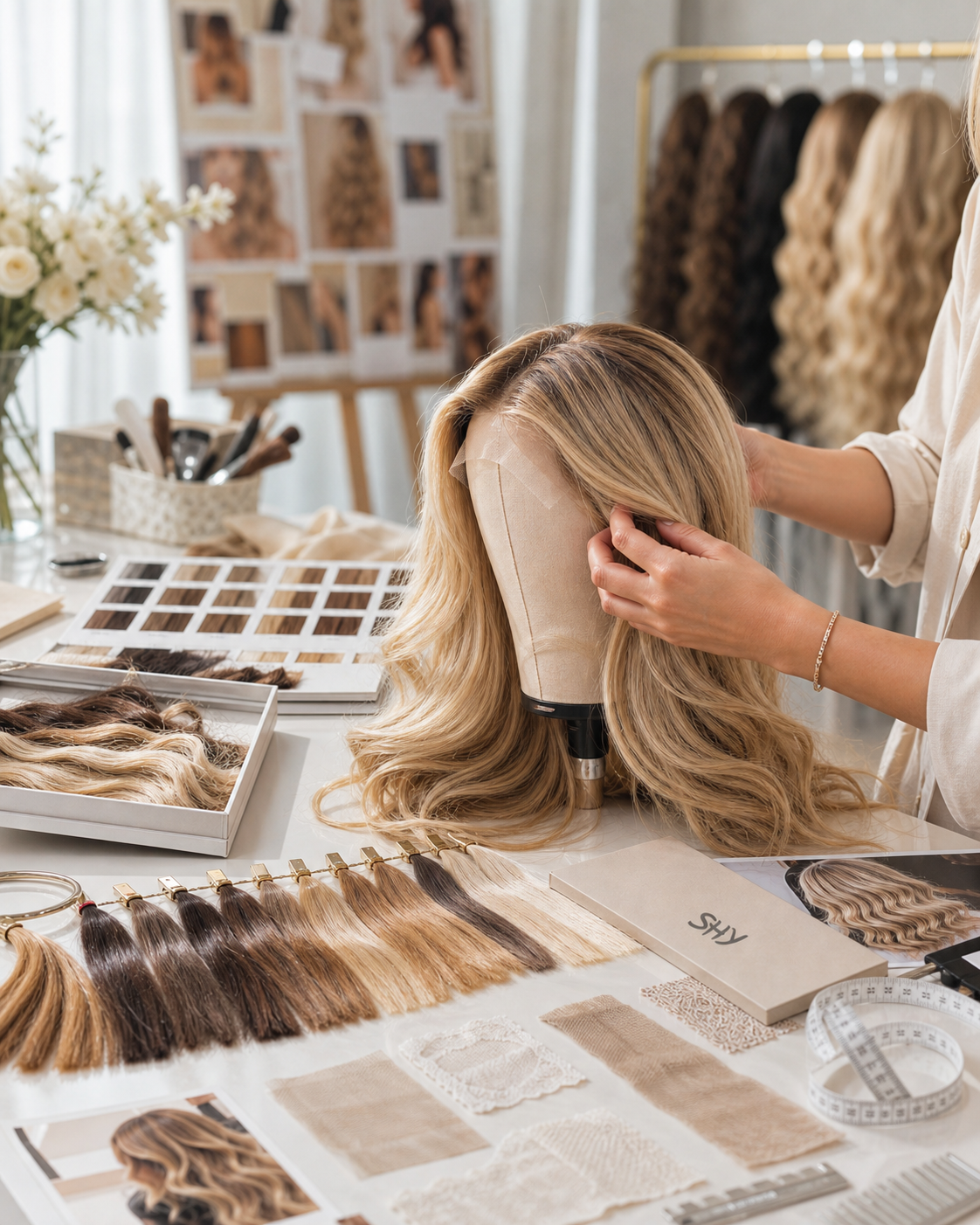 Custom human hair wig color matching workspace with lace samples and blonde balayage wig