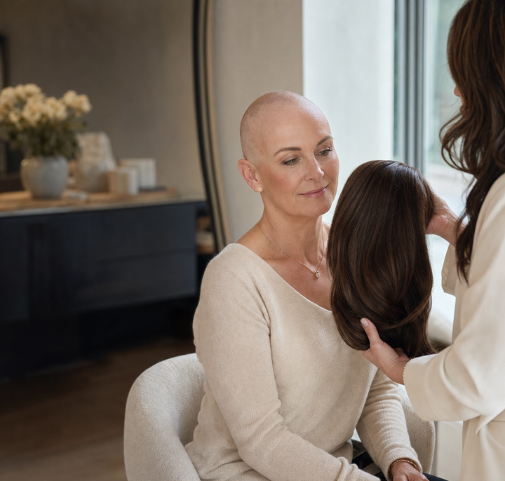 Adult woman with hair loss choosing a human hair medical wig in a private fitting consultation