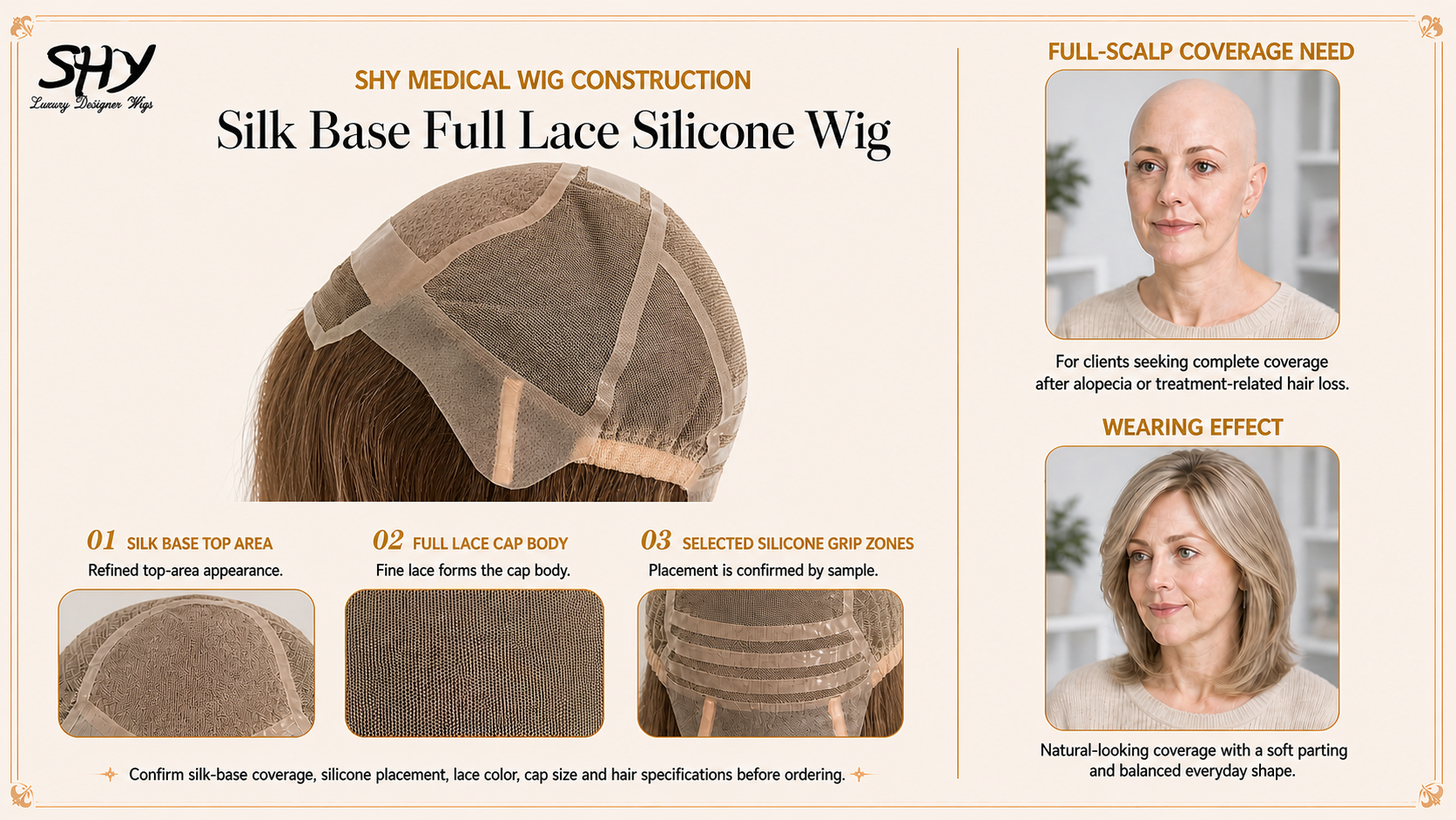 SHY silk top full lace medical wig cap with selected silicone support areas