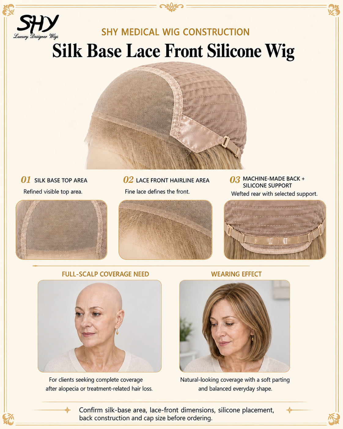 SHY silk top lace front medical wig cap with a machine-wefted rear and silicone support zones