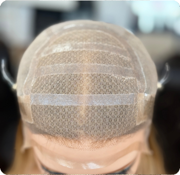 Real SHY Hair medical wig cap showing front construction and PU attachment areas