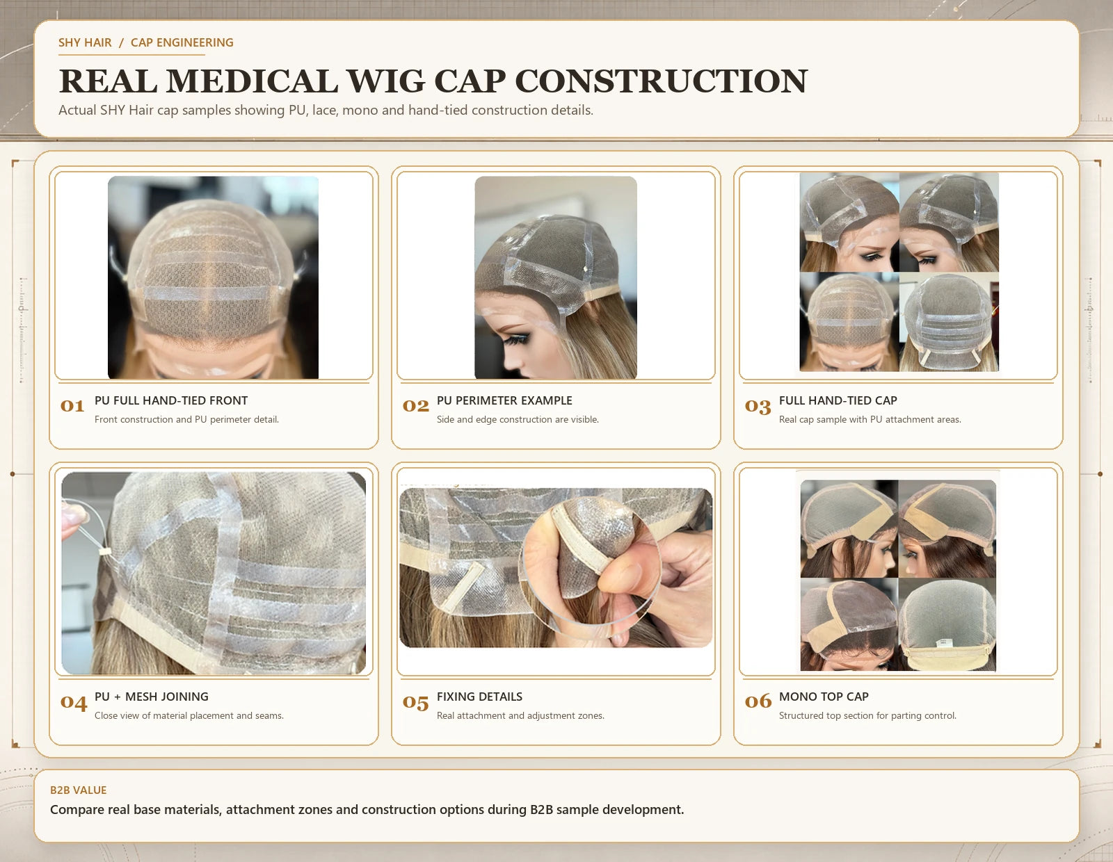 Six real SHY Hair medical wig cap constructions including PU perimeter, full hand-tied cap, mesh joining and mono top
